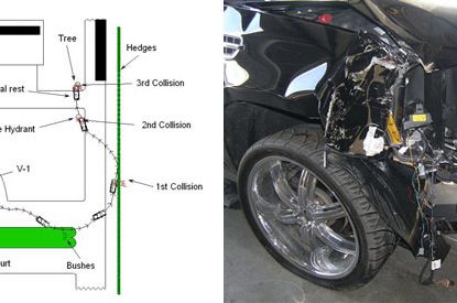 Diagram of Tiger Woods' crash path and photograph of his SUV, from the Florida Highway Patrol